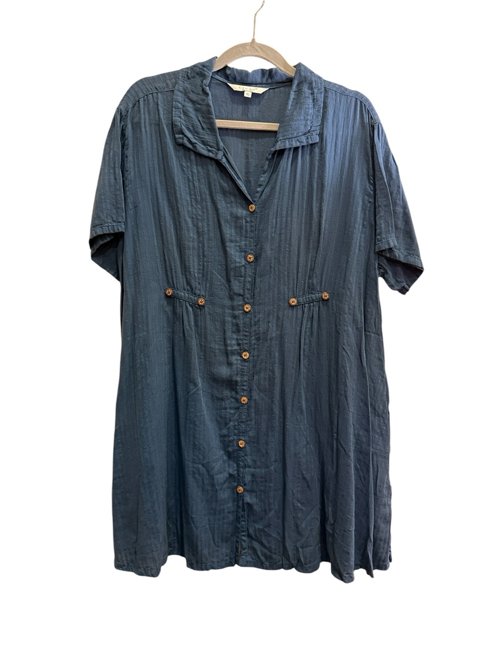 Kleen Cotton Blue Button-Front Short Sleeve Shirt Dress Tunic Sz XL